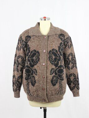 Vintage 00's LUNG KONG Brown Black Floral Jacquard Knit Sweater Jacket, Size L